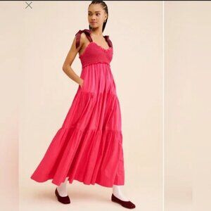Free People Bluebell Solid Maxi Dress Smocked Satin Straps Sangria Sunset L